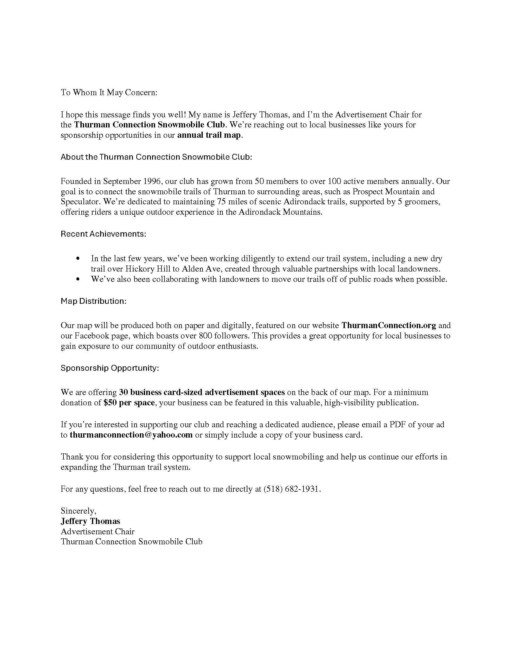 THURMAN CONNECTION SNOWMOBILE CLUB MAP SPONSORSHIP